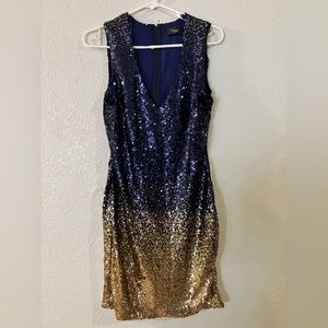 Large Blue & Gold Midi Sequin Cocktail Party Club Holiday Dress Sleevless
